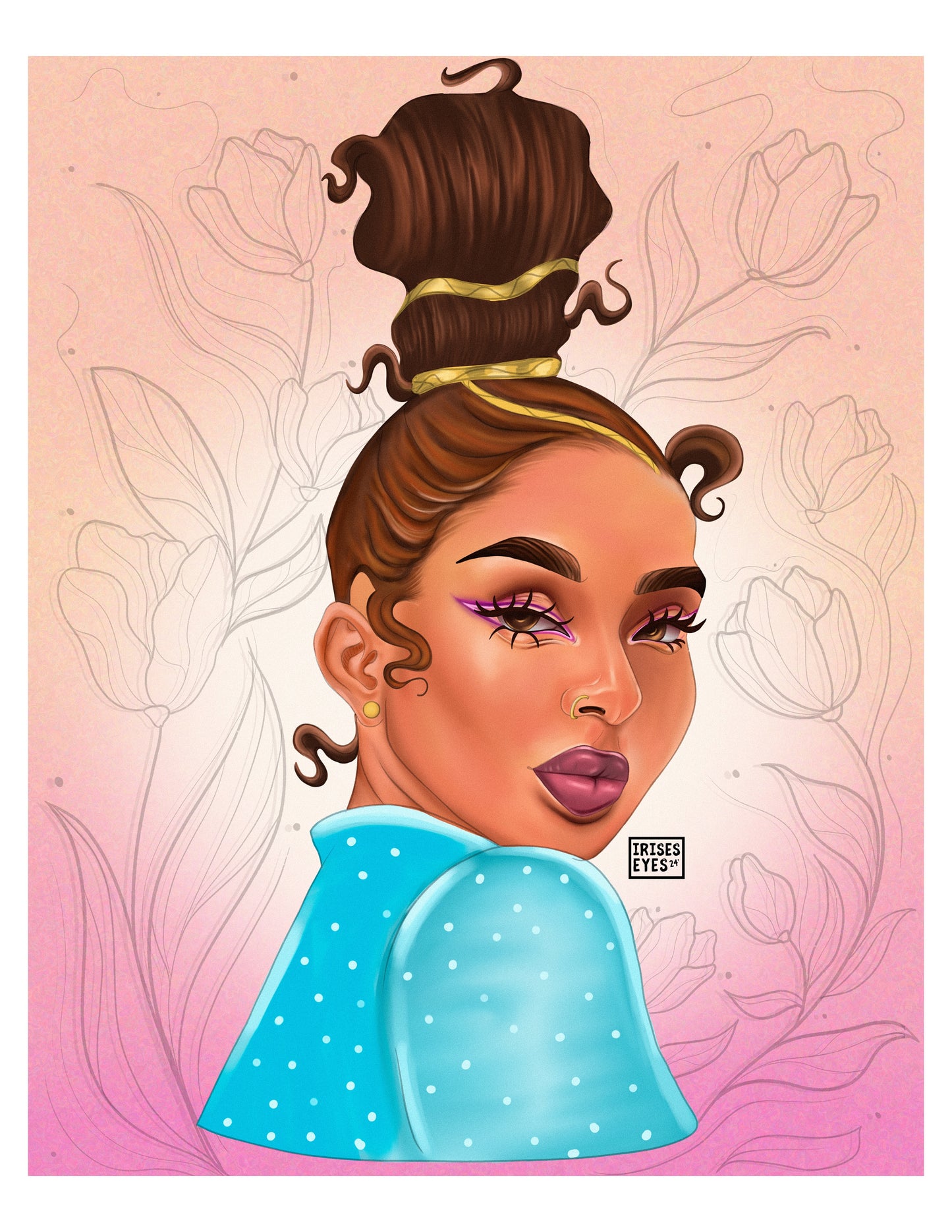 African American Woman Illustration With Delicate Flowers Art Print