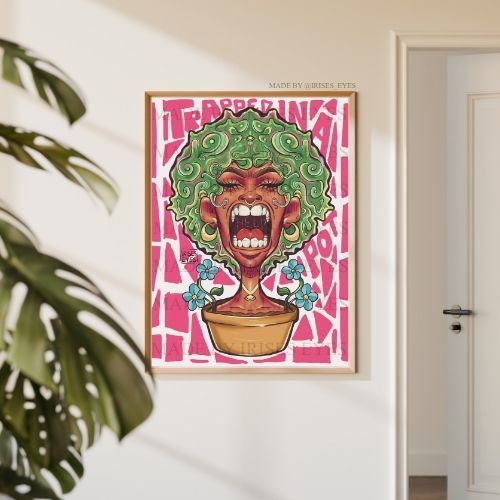 Trapped In A Pot Art Print 8x11.5 | Black Woman Flower Art | Whimsical Floral Illustration Wall Decor | Made By Irises Eyes