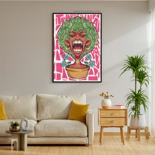 Trapped In A Pot Art Print 8x11.5 | Black Woman Flower Art | Whimsical Floral Illustration Wall Decor | Made By Irises Eyes