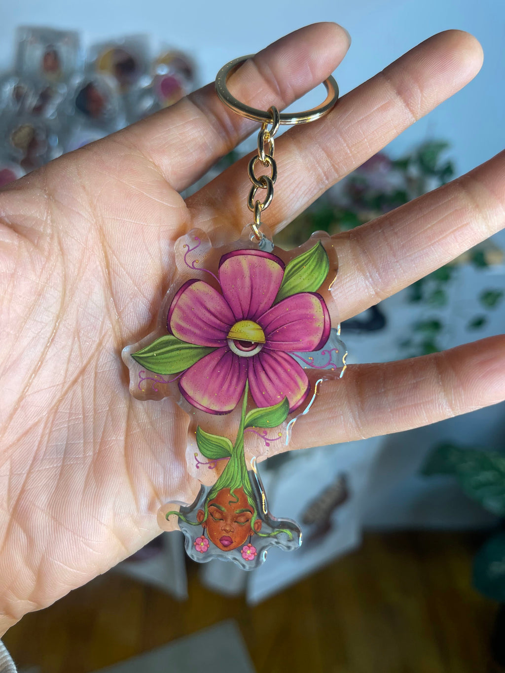 Protected Bloom – Acrylic Keychain | African American Floral Illustration | Pink & Blue Evil Eye Charm