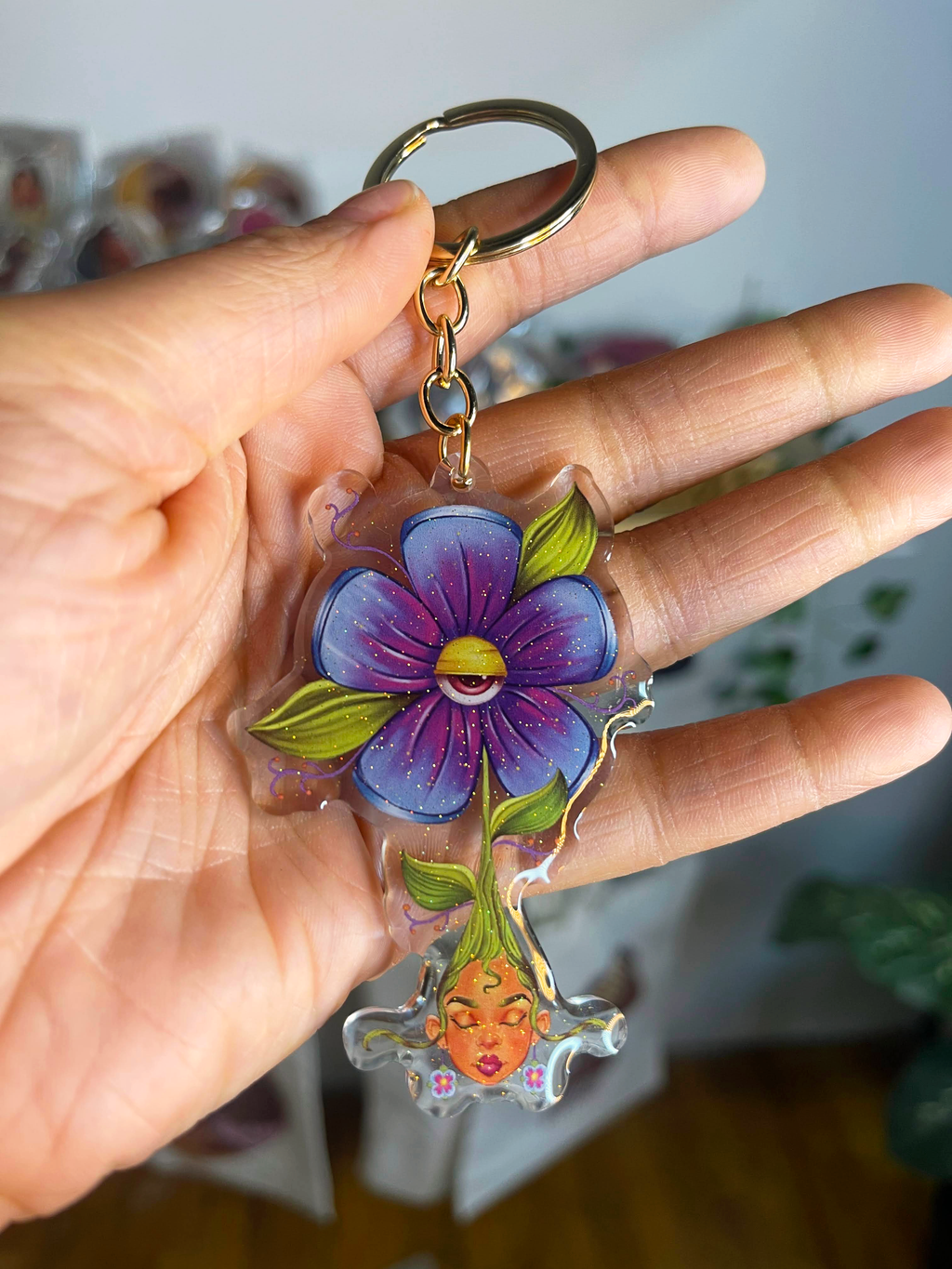 Protected Bloom – Acrylic Keychain | African American Floral Illustration | Pink & Blue Evil Eye Charm