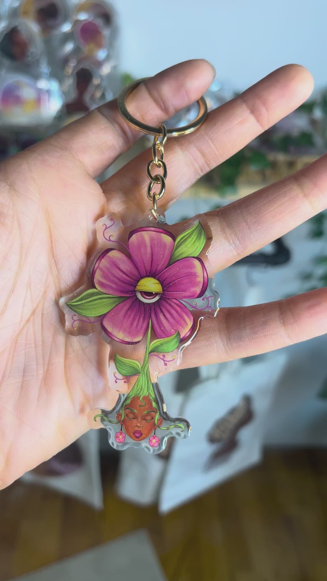 Protected Bloom – Acrylic Keychain | African American Floral Illustration | Pink & Blue Evil Eye Charm