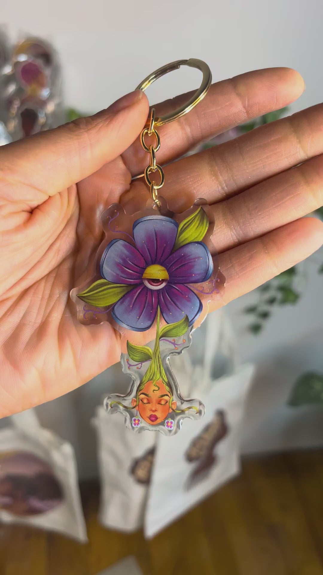 Protected Bloom – Acrylic Keychain | African American Floral Illustration | Pink & Blue Evil Eye Charm